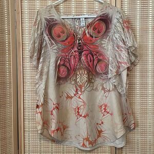 Style & Co Women's Butterfly Blouse Size M‎ Lace Short Sleeve Silky V Neck Tan